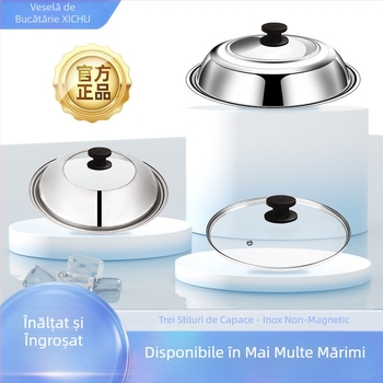 Capac de aburi pentru wok din oțel inoxidabil, cu geam temperat de înaltă rezistență, tip gură plată, compatibil cu mai multe dimensiuni de oale.
