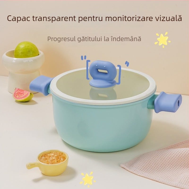 Blue Bean oală pentru supă și lapte, cu două mâneri, antiaderentă, fund din fontă, potrivită pentru toate plitele, cu coș de aburi