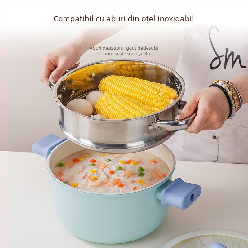 Blue Bean oală pentru supă și lapte, cu două mâneri, antiaderentă, fund din fontă, potrivită pentru toate plitele, cu coș de aburi