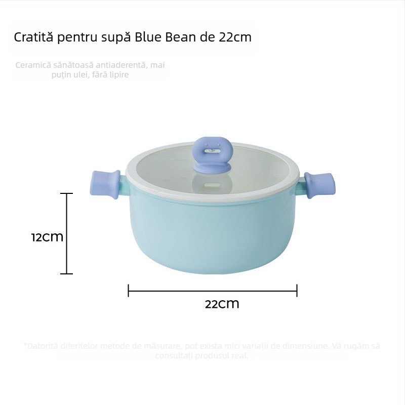 Blue Bean oală pentru supă și lapte, cu două mâneri, antiaderentă, fund din fontă, potrivită pentru toate plitele, cu coș de aburi