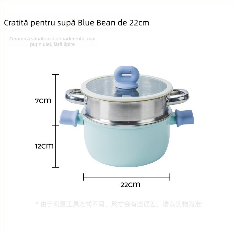 Blue Bean oală pentru supă și lapte, cu două mâneri, antiaderentă, fund din fontă, potrivită pentru toate plitele, cu coș de aburi