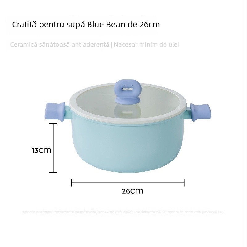 Blue Bean oală pentru supă și lapte, cu două mâneri, antiaderentă, fund din fontă, potrivită pentru toate plitele, cu coș de aburi