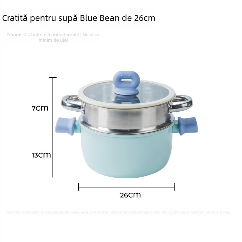 Blue Bean oală pentru supă și lapte, cu două mâneri, antiaderentă, fund din fontă, potrivită pentru toate plitele, cu coș de aburi