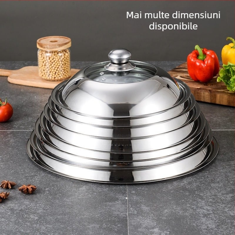 Capac universal de oală din oțel inoxidabil, cu sticlă temperată, rotund, rezistent la temperaturi înalte