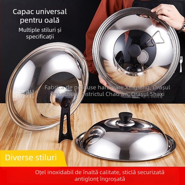 Capac din oțel inoxidabil gros, cu fereastră de sticlă, pentru wok și vas de aburi – capac universal, combinat