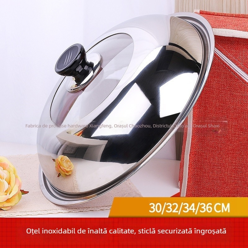 Capac din oțel inoxidabil gros, cu fereastră de sticlă, pentru wok și vas de aburi – capac universal, combinat