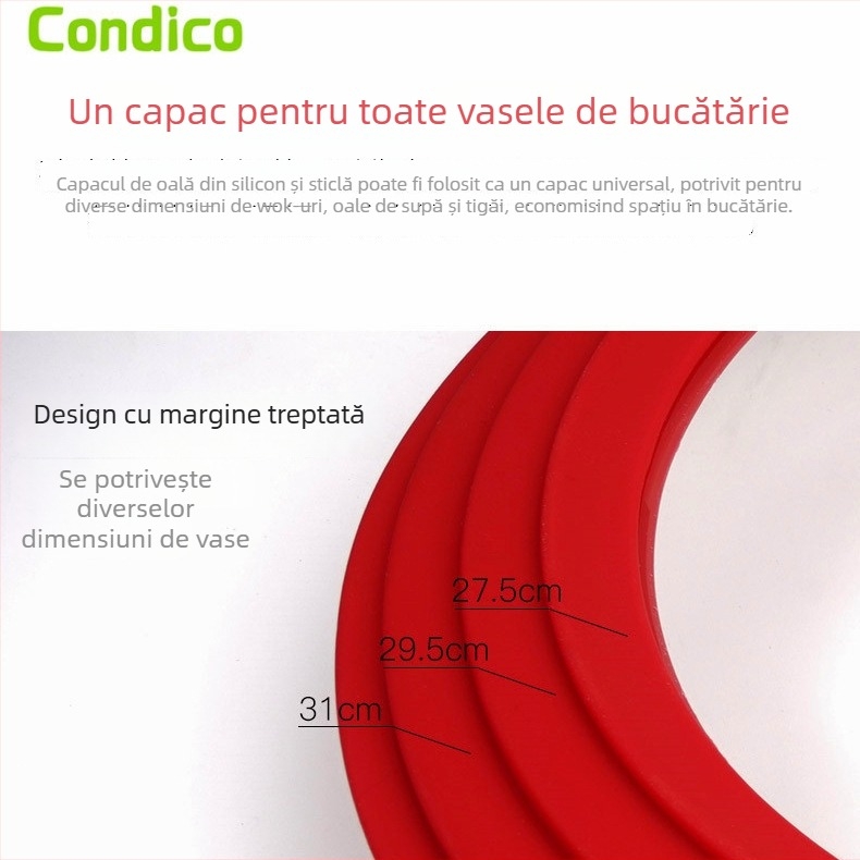 Capac din sticlă cu margine de silicon, anti-vărsare și anti-cădere, sticlă securizată, capac multifuncțional pentru wok și oală