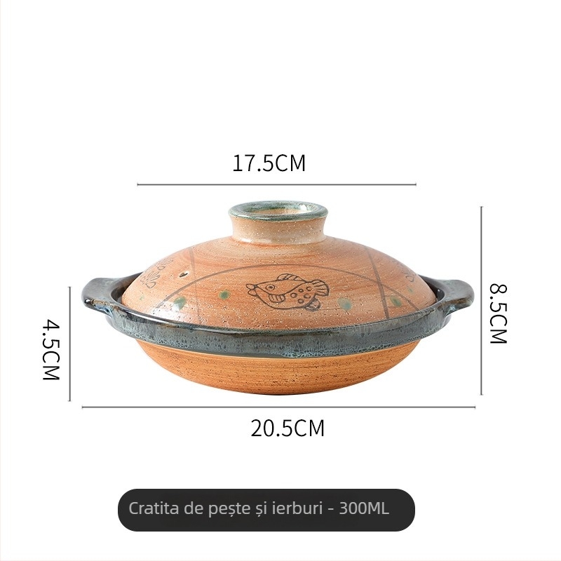 Caserolă din lut, stil japonez, cu gură puțin adâncă, pentru uz casnic; capacitate 1L; rezistentă la temperaturi înalte; potrivită pentru gătit uscat; ideală pentru orez în vas de lut și pui gătit la foc domol; cu capac; potrivită pentru restaurante și hot