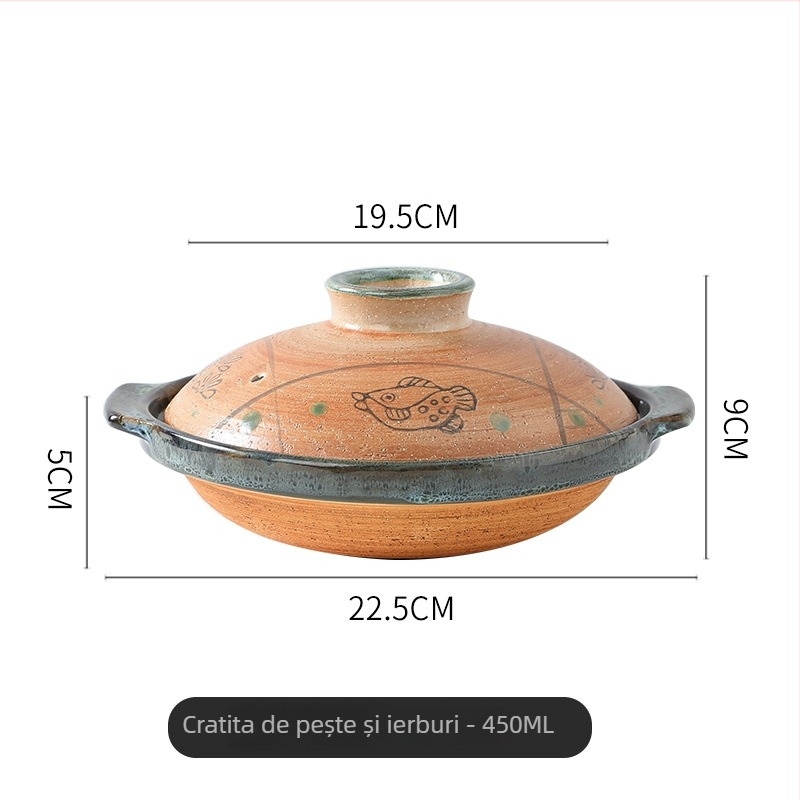 Caserolă din lut, stil japonez, cu gură puțin adâncă, pentru uz casnic; capacitate 1L; rezistentă la temperaturi înalte; potrivită pentru gătit uscat; ideală pentru orez în vas de lut și pui gătit la foc domol; cu capac; potrivită pentru restaurante și hot