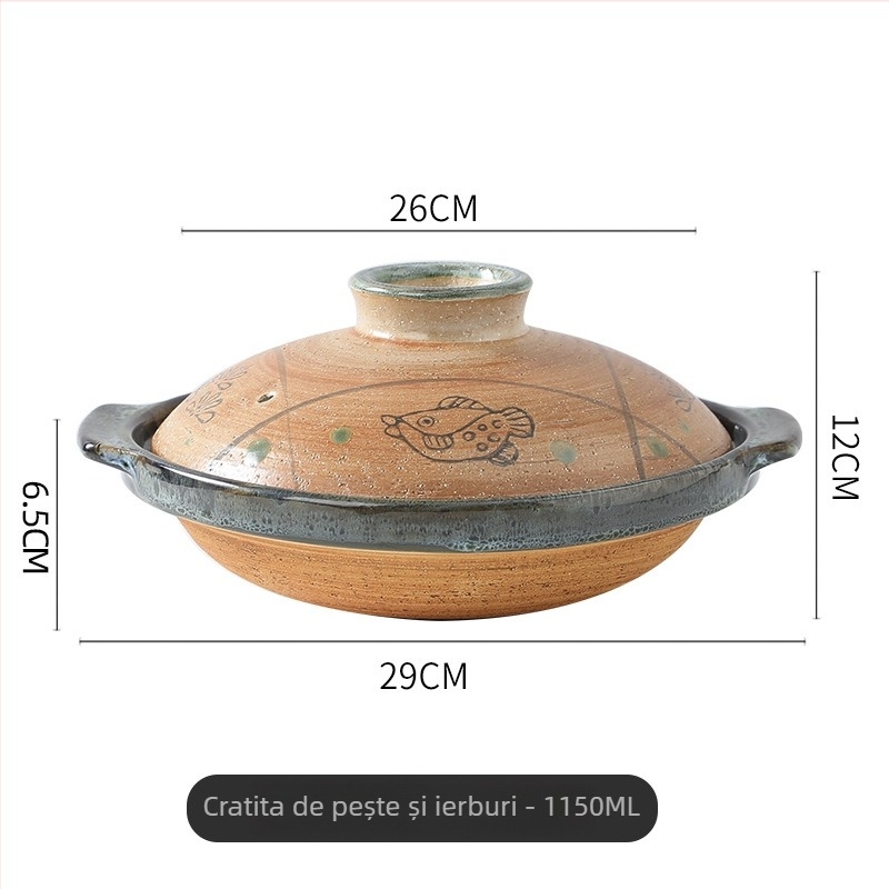 Caserolă din lut, stil japonez, cu gură puțin adâncă, pentru uz casnic; capacitate 1L; rezistentă la temperaturi înalte; potrivită pentru gătit uscat; ideală pentru orez în vas de lut și pui gătit la foc domol; cu capac; potrivită pentru restaurante și hot