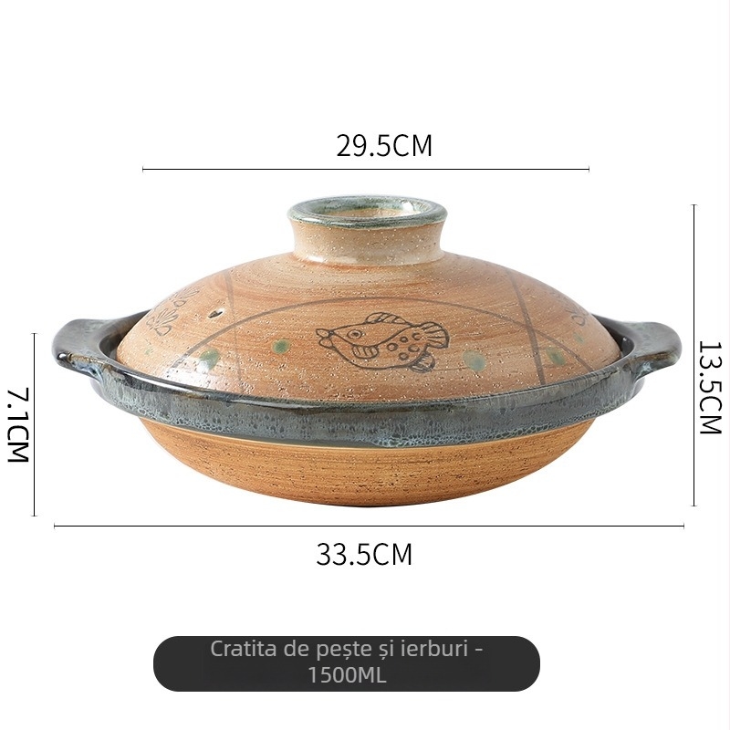 Caserolă din lut, stil japonez, cu gură puțin adâncă, pentru uz casnic; capacitate 1L; rezistentă la temperaturi înalte; potrivită pentru gătit uscat; ideală pentru orez în vas de lut și pui gătit la foc domol; cu capac; potrivită pentru restaurante și hot