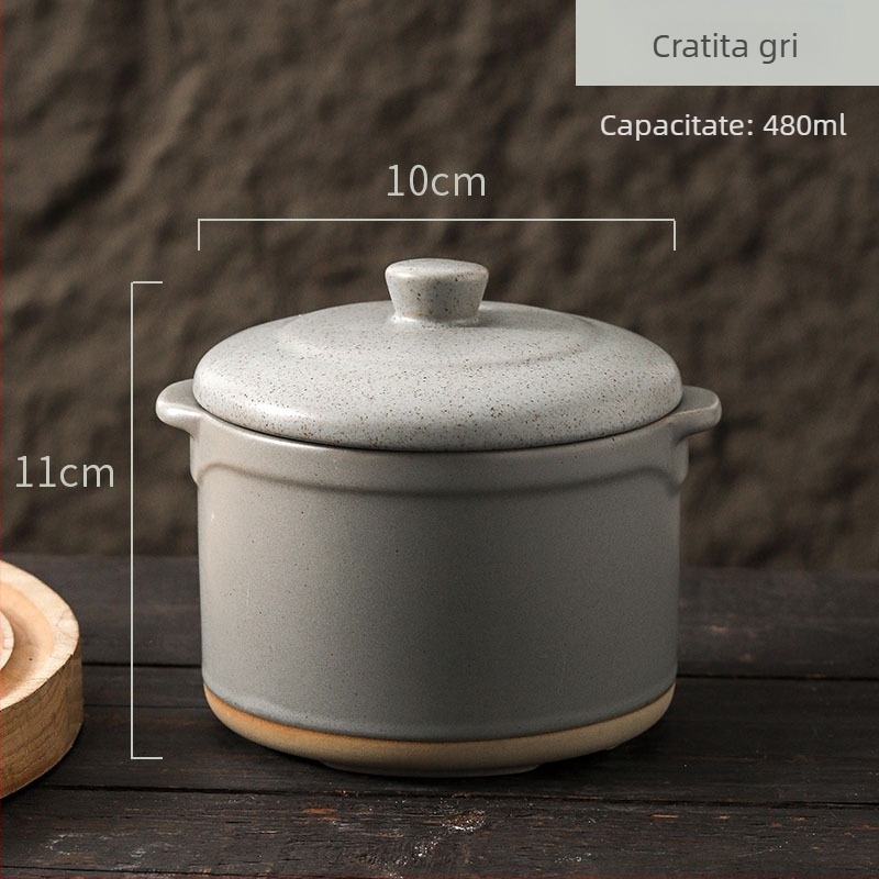 Vas ceramic pentru supe cu capac, cu două mânere pentru o porție, stil japonez, bol de supă pentru uz casnic