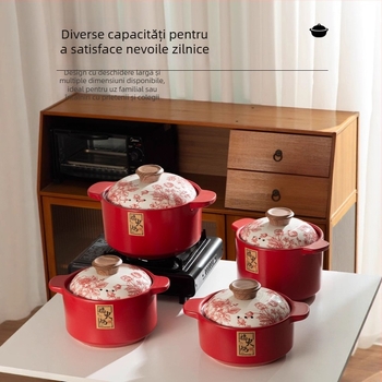 Caserolă ceramică în stil chinezesc pentru uz casnic, rezistentă la temperaturi înalte, compatibilă cu plitele pe gaz și inducție, pentru supă, terci și carne fiartă