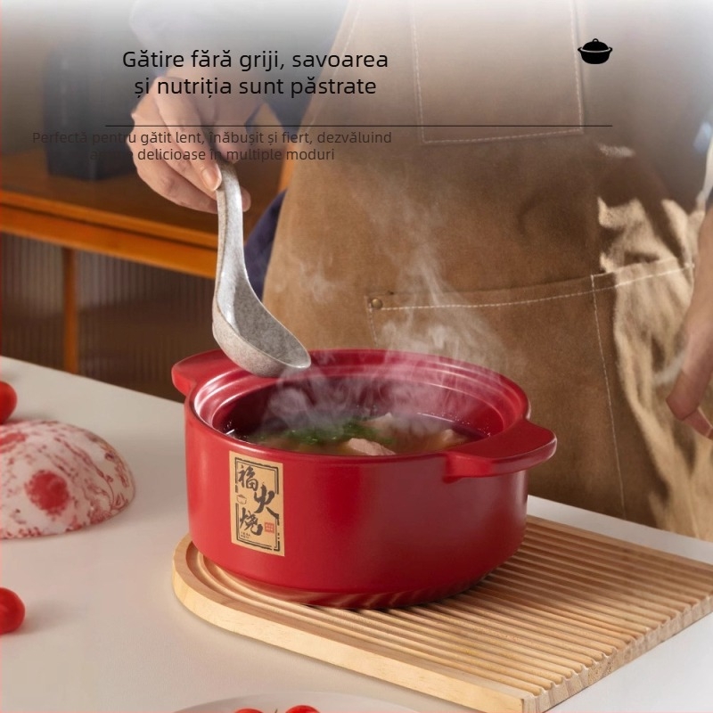 Caserolă ceramică în stil chinezesc pentru uz casnic, rezistentă la temperaturi înalte, compatibilă cu plitele pe gaz și inducție, pentru supă, terci și carne fiartă