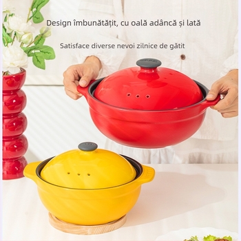 Oală ceramică cu gură lată, rezistentă la temperaturi înalte, pentru supe, terci și decocturi; capac inclus; compatibilă cu aragaz pe gaz și plită cu inducție