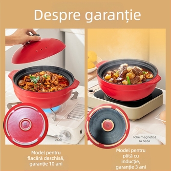 Oală ceramică cu gură lată, rezistentă la temperaturi înalte, pentru supe, terci și decocturi; capac inclus; compatibilă cu aragaz pe gaz și plită cu inducție