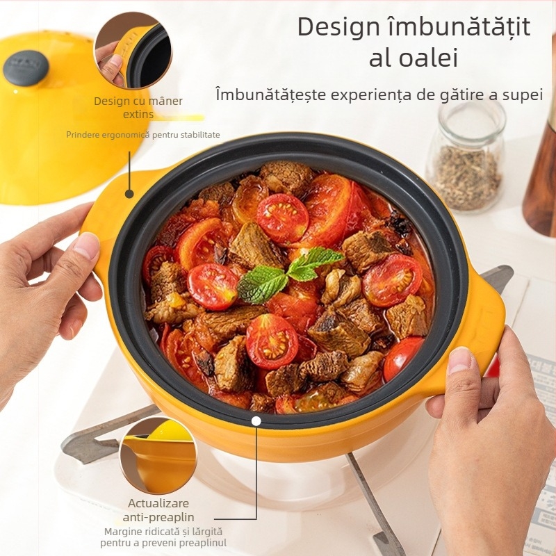 Oală ceramică cu gură lată, rezistentă la temperaturi înalte, pentru supe, terci și decocturi; capac inclus; compatibilă cu aragaz pe gaz și plită cu inducție