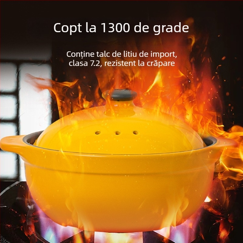 Oală ceramică cu gură lată, rezistentă la temperaturi înalte, pentru supe, terci și decocturi; capac inclus; compatibilă cu aragaz pe gaz și plită cu inducție