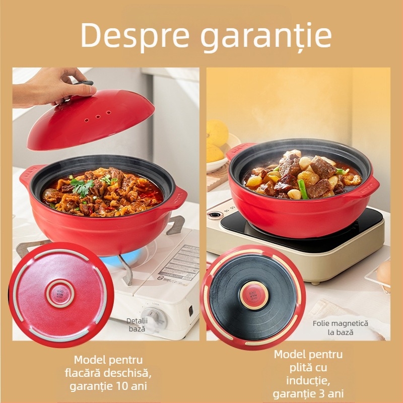 Oală ceramică cu gură lată, rezistentă la temperaturi înalte, pentru supe, terci și decocturi; capac inclus; compatibilă cu aragaz pe gaz și plită cu inducție