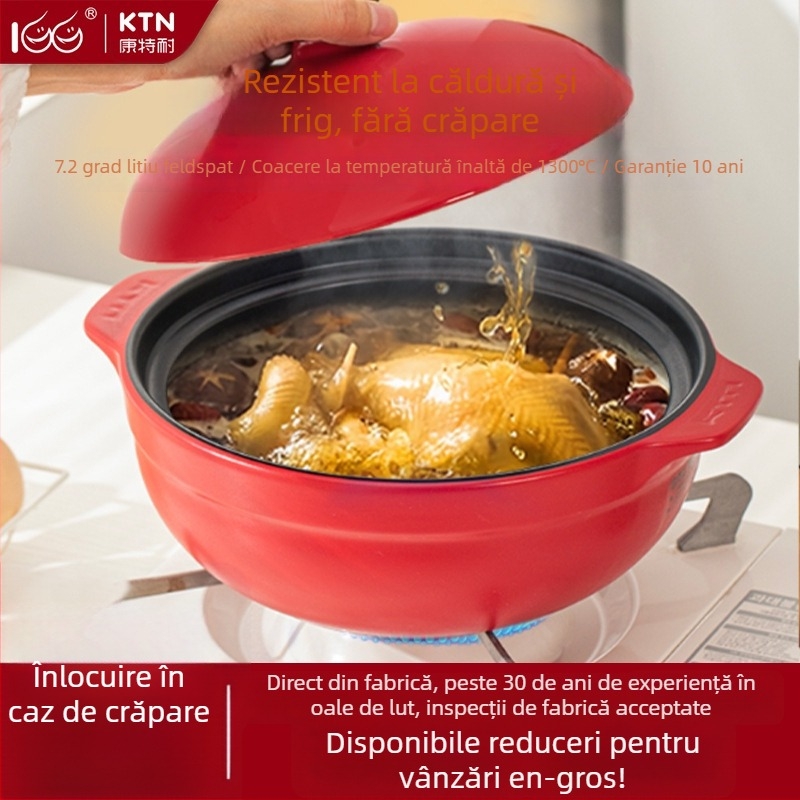 Oală ceramică cu gură lată, rezistentă la temperaturi înalte, pentru supe, terci și decocturi; capac inclus; compatibilă cu aragaz pe gaz și plită cu inducție