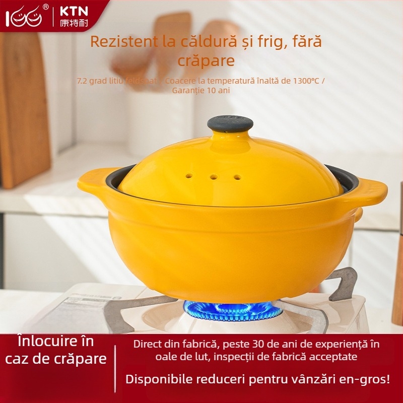 Oală ceramică cu gură lată, rezistentă la temperaturi înalte, pentru supe, terci și decocturi; capac inclus; compatibilă cu aragaz pe gaz și plită cu inducție