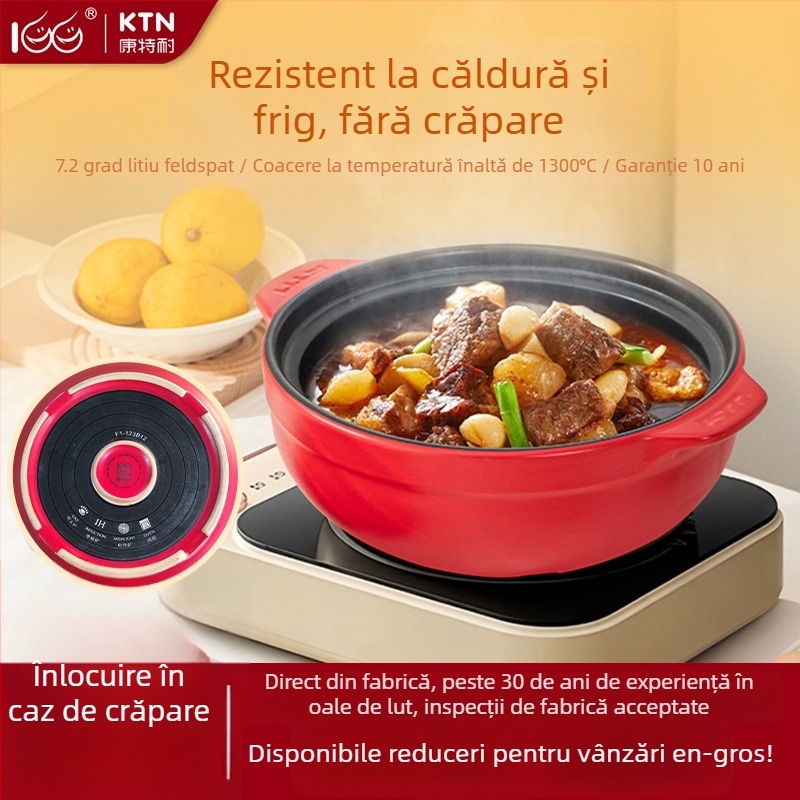 Oală ceramică cu gură lată, rezistentă la temperaturi înalte, pentru supe, terci și decocturi; capac inclus; compatibilă cu aragaz pe gaz și plită cu inducție