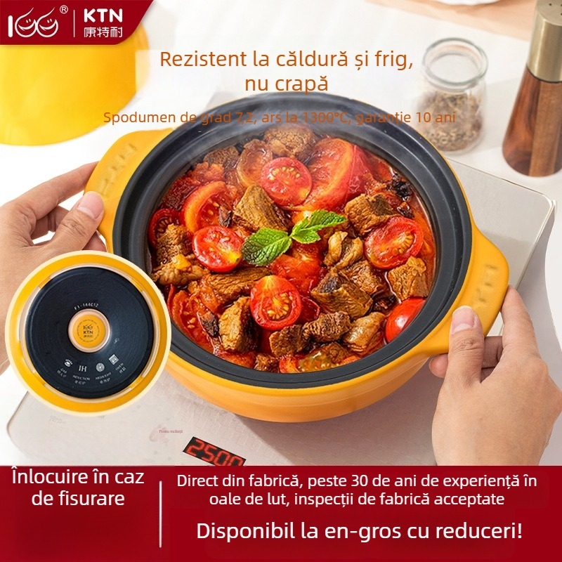 Oală ceramică cu gură lată, rezistentă la temperaturi înalte, pentru supe, terci și decocturi; capac inclus; compatibilă cu aragaz pe gaz și plită cu inducție