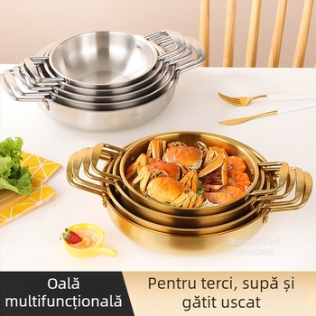 Oală din oțel inoxidabil, stil coreean, pentru fructe de mare, finisaj auriu, cu două mânere, capac de sticlă, pentru ramen și supe