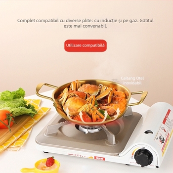 Oală din oțel inoxidabil, stil coreean, pentru fructe de mare, finisaj auriu, cu două mânere, capac de sticlă, pentru ramen și supe