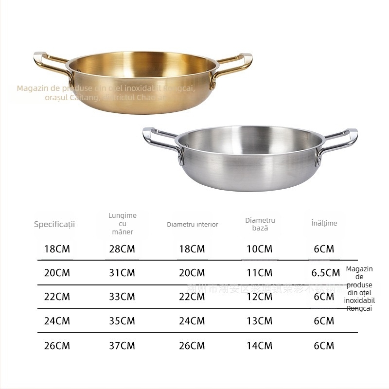 Oală din oțel inoxidabil, stil coreean, pentru fructe de mare, finisaj auriu, cu două mânere, capac de sticlă, pentru ramen și supe
