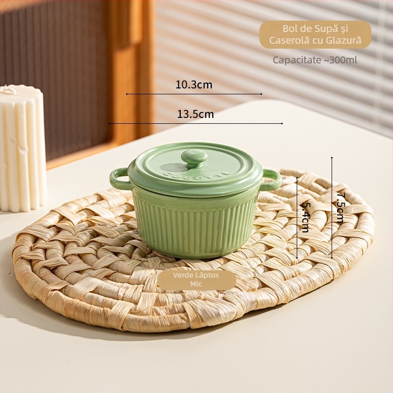 Vas ceramic pentru o porție, cu capac și două mâneri, design în dungi, pentru abur, supă și coacere