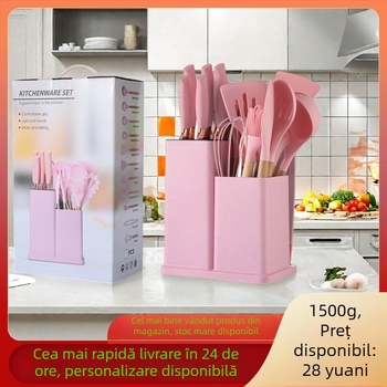 Set de 19 piese din silicon pentru bucătărie, cu mânere din lemn de stejar, spatule și linguri, însoțit de recipient de depozitare