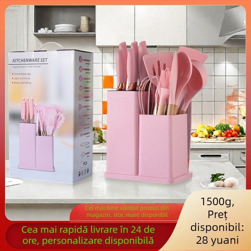 Set de 19 piese din silicon pentru bucătărie, cu mânere din lemn de stejar, spatule și linguri, însoțit de recipient de depozitare