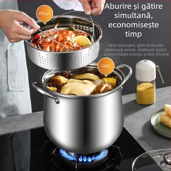Oală de supă din oțel inoxidabil, pentru alimentație, pereți groși, capacitate mare, utilizare dublă pentru gătit și abur