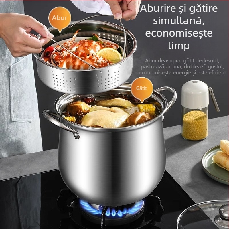 Oală de supă din oțel inoxidabil, pentru alimentație, pereți groși, capacitate mare, utilizare dublă pentru gătit și abur