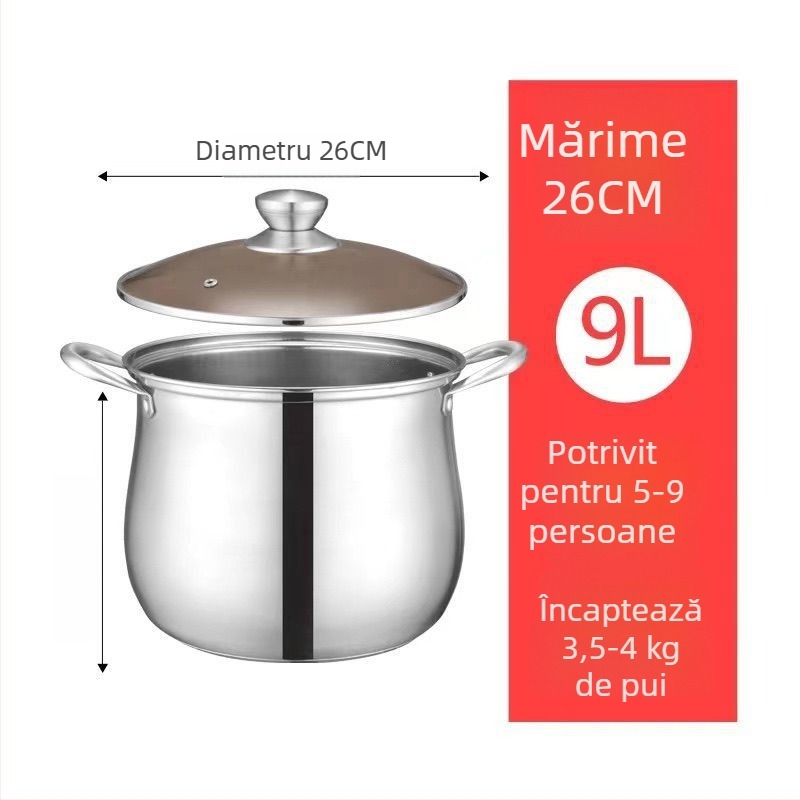 Oală de supă din oțel inoxidabil, pentru alimentație, pereți groși, capacitate mare, utilizare dublă pentru gătit și abur