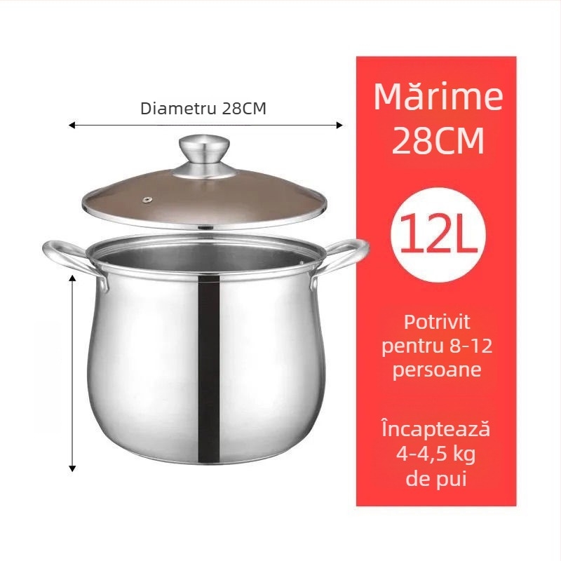 Oală de supă din oțel inoxidabil, pentru alimentație, pereți groși, capacitate mare, utilizare dublă pentru gătit și abur