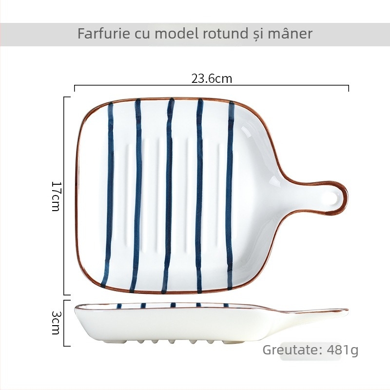 Farfurie ceramică cu mâner în stil japonez, farfurie din porțelan pentru steak, veselă nordic occidentală