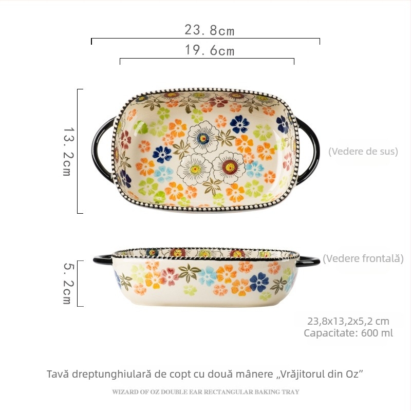 Set ceramic pentru coacere în stil polonez, pictat manual, relief, cu mâner dublu și bol, motiv Wizard of Oz, potrivit pentru cuptor