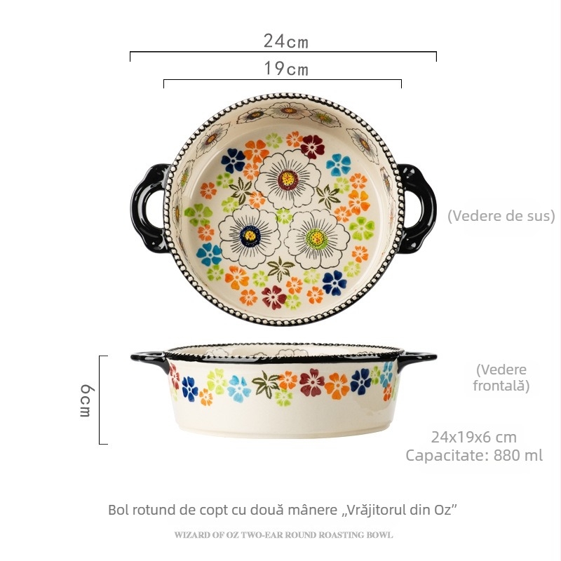 Set ceramic pentru coacere în stil polonez, pictat manual, relief, cu mâner dublu și bol, motiv Wizard of Oz, potrivit pentru cuptor
