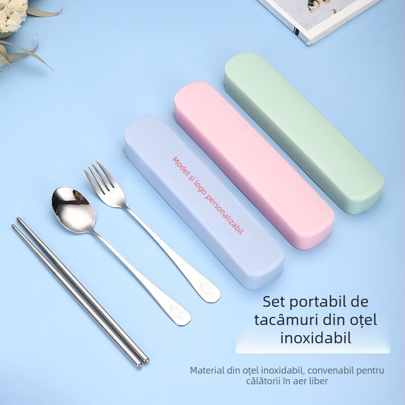 Set de tacâmuri din oțel inoxidabil, portabil: lingură, bețișoare și furculiță, 3 piese, cutie de depozitare, pentru studenți