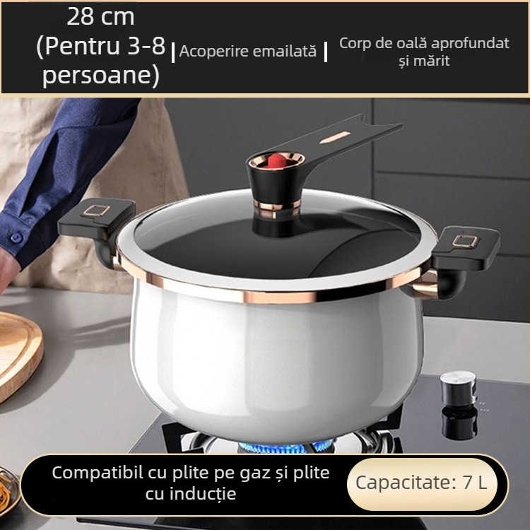Nouă oală emailată, cu capacitate mare, pentru uz casnic, antiaderentă, oală pentru supă și tocană cu două mânere, compatibilă cu aragaz cu gaz și plită cu inducție