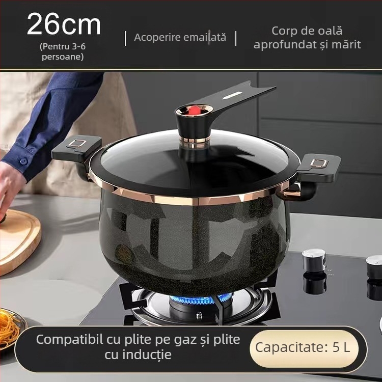 Nouă oală emailată, cu capacitate mare, pentru uz casnic, antiaderentă, oală pentru supă și tocană cu două mânere, compatibilă cu aragaz cu gaz și plită cu inducție
