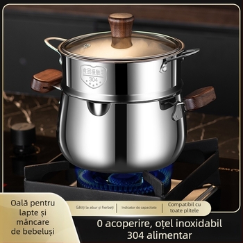 Oală pentru supă din oțel inoxidabil 304, cu mânere din lemn de nuc, design cu două mânere, aburitor pentru bucătărie, neacoperită, pentru hrana bebelușilor.