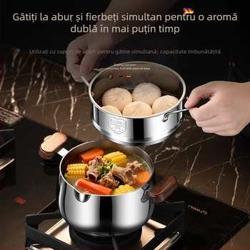 Oală pentru supă din oțel inoxidabil 304, cu mânere din lemn de nuc, design cu două mânere, aburitor pentru bucătărie, neacoperită, pentru hrana bebelușilor.