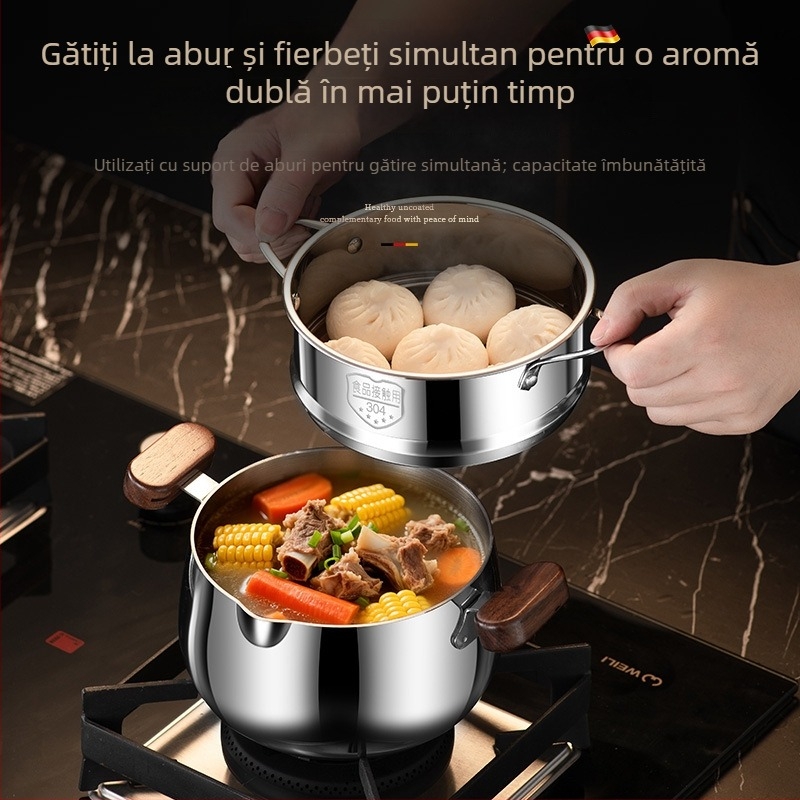Oală pentru supă din oțel inoxidabil 304, cu mânere din lemn de nuc, design cu două mânere, aburitor pentru bucătărie, neacoperită, pentru hrana bebelușilor.