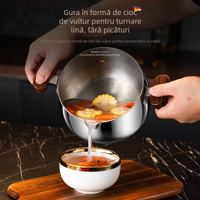 Oală pentru supă din oțel inoxidabil 304, cu mânere din lemn de nuc, design cu două mânere, aburitor pentru bucătărie, neacoperită, pentru hrana bebelușilor.