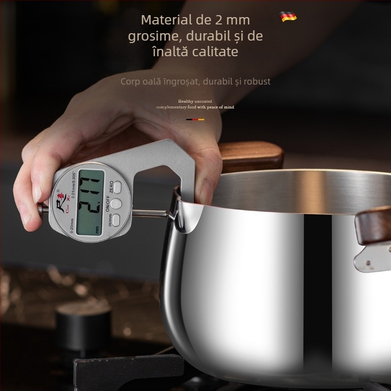 Oală pentru supă din oțel inoxidabil 304, cu mânere din lemn de nuc, design cu două mânere, aburitor pentru bucătărie, neacoperită, pentru hrana bebelușilor.
