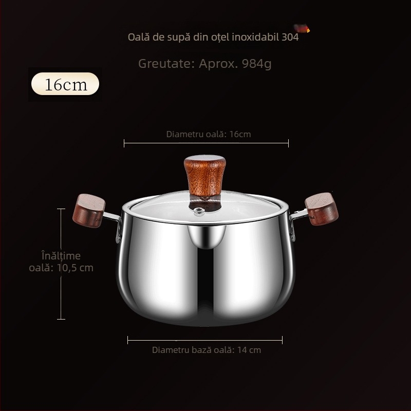 Oală pentru supă din oțel inoxidabil 304, cu mânere din lemn de nuc, design cu două mânere, aburitor pentru bucătărie, neacoperită, pentru hrana bebelușilor.