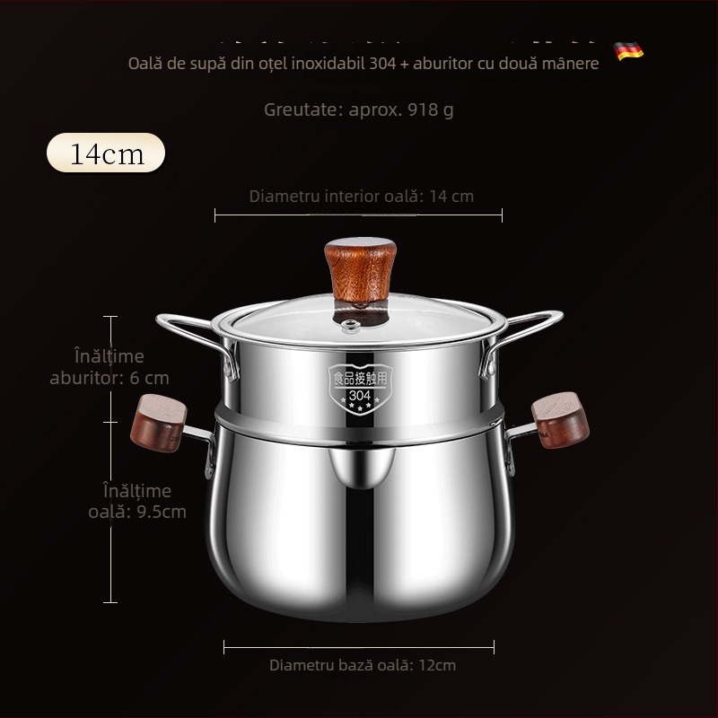 Oală pentru supă din oțel inoxidabil 304, cu mânere din lemn de nuc, design cu două mânere, aburitor pentru bucătărie, neacoperită, pentru hrana bebelușilor.